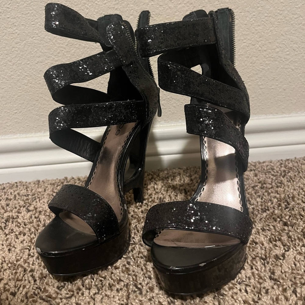 bebe Glittery Black Strappy Heels